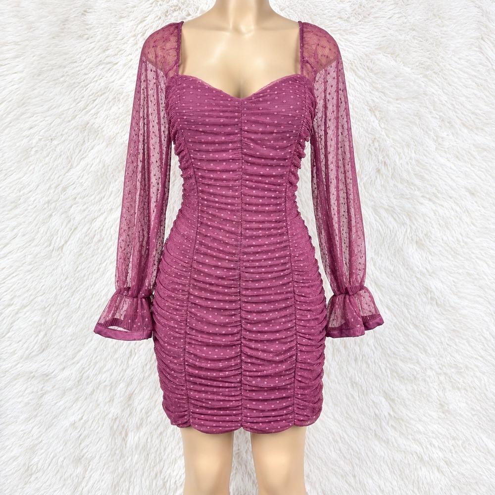 Haute Monde NWT Mauve Ruched Swiss Dot Mesh Bodycon Mini Dress XL